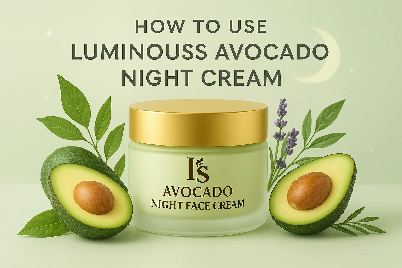 How to Use Luminouss Avocado Night Cream – luxury skincare product with natural avocado, lavender, and herbal ingredients in a frosted glass jar with golden lid