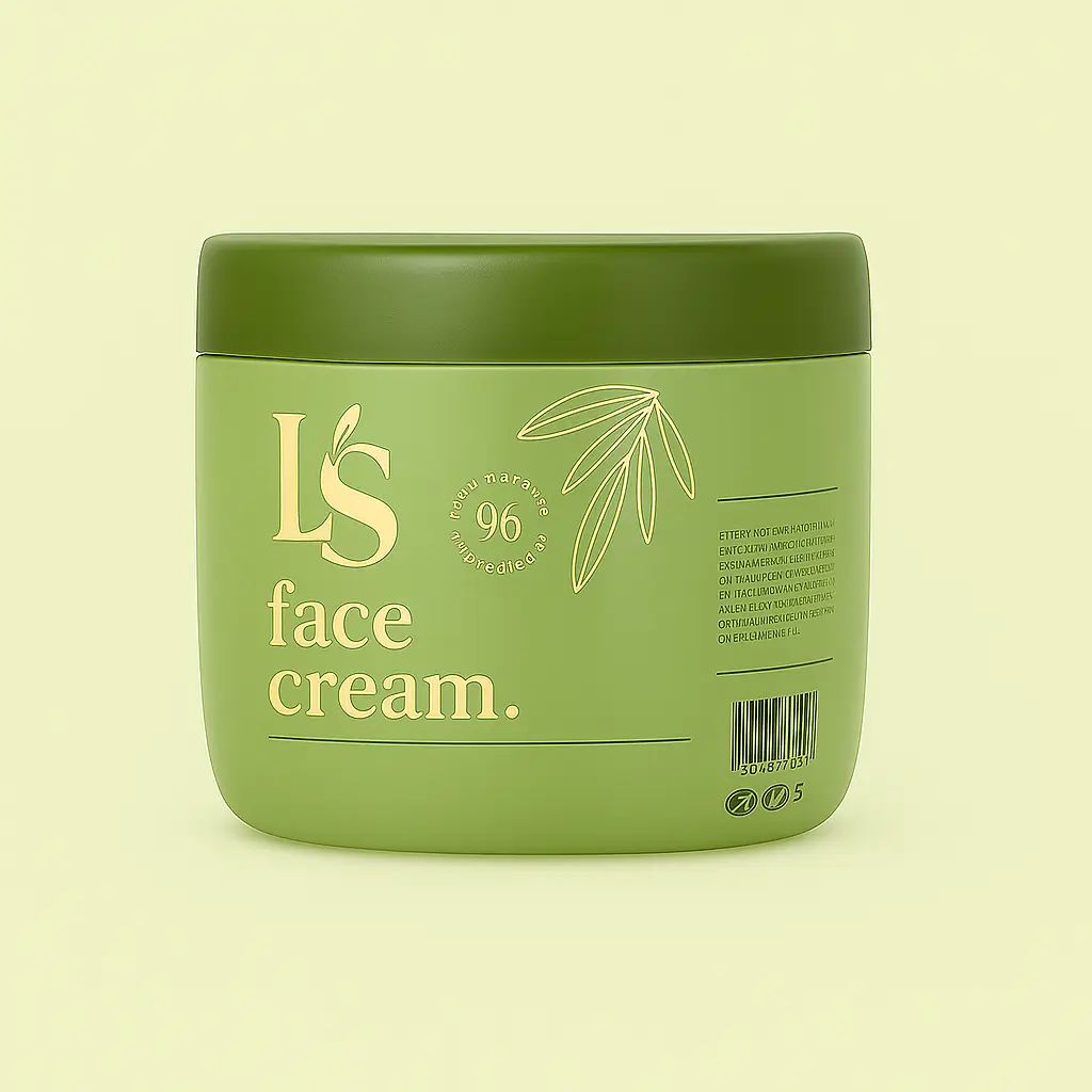LS Face Cream green jar with leaf design and 96% natural ingredients label