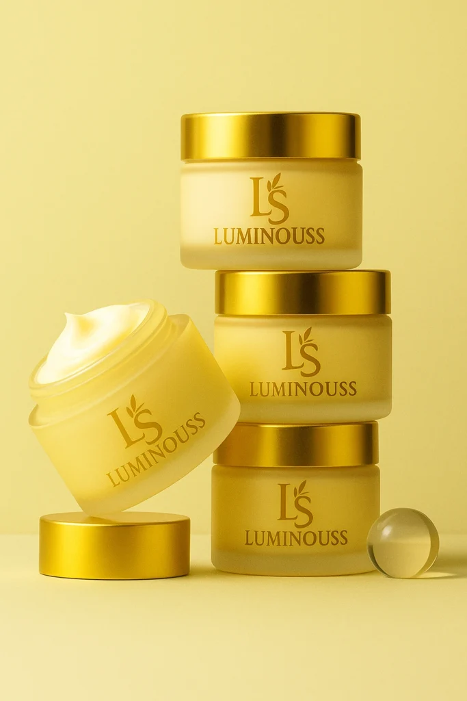 LS Luminouss premium skincare cream jars with golden lids arranged aesthetically on a yellow background.