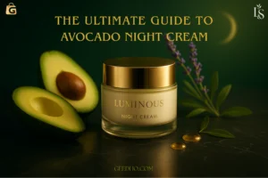 Luxury avocado night cream jar with golden cap, fresh avocados, lavender, and herbal leaves on a dark marble surface with elegant green gradient background.