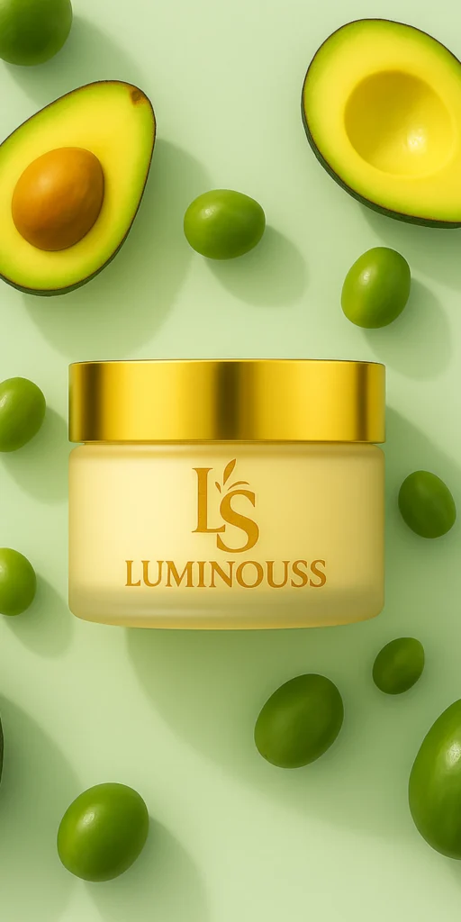 Luminouss skincare cream jar with golden lid surrounded by avocado halves and green fruits