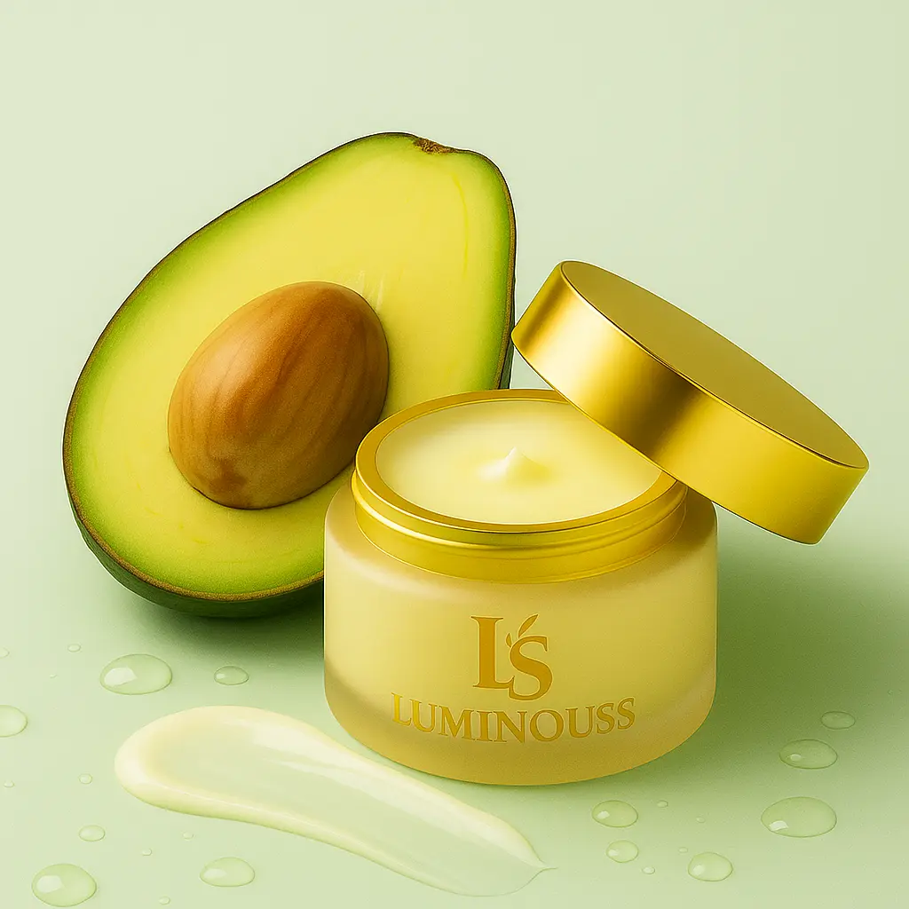 Luminouss moisturizing cream jar with avocado and creamy texture