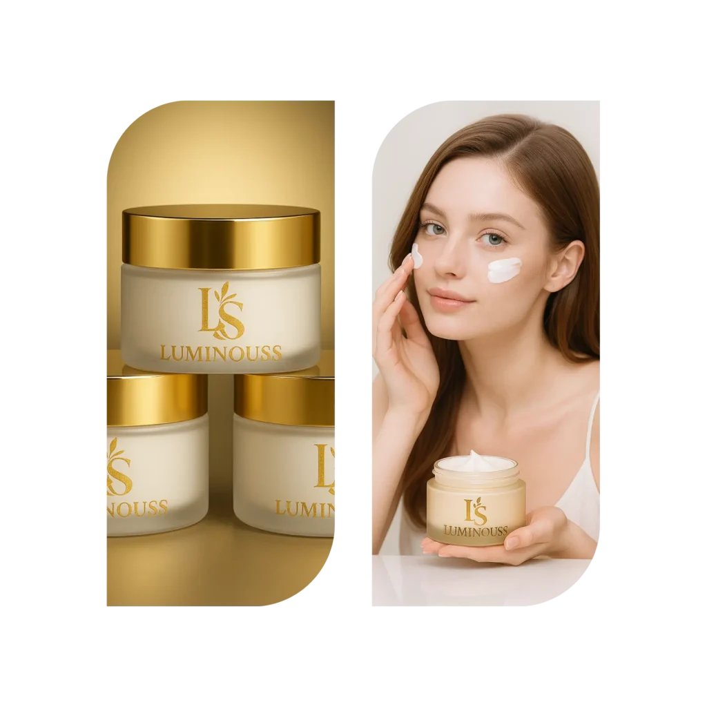 Luminouss skincare cream jar with model applying cream on her face