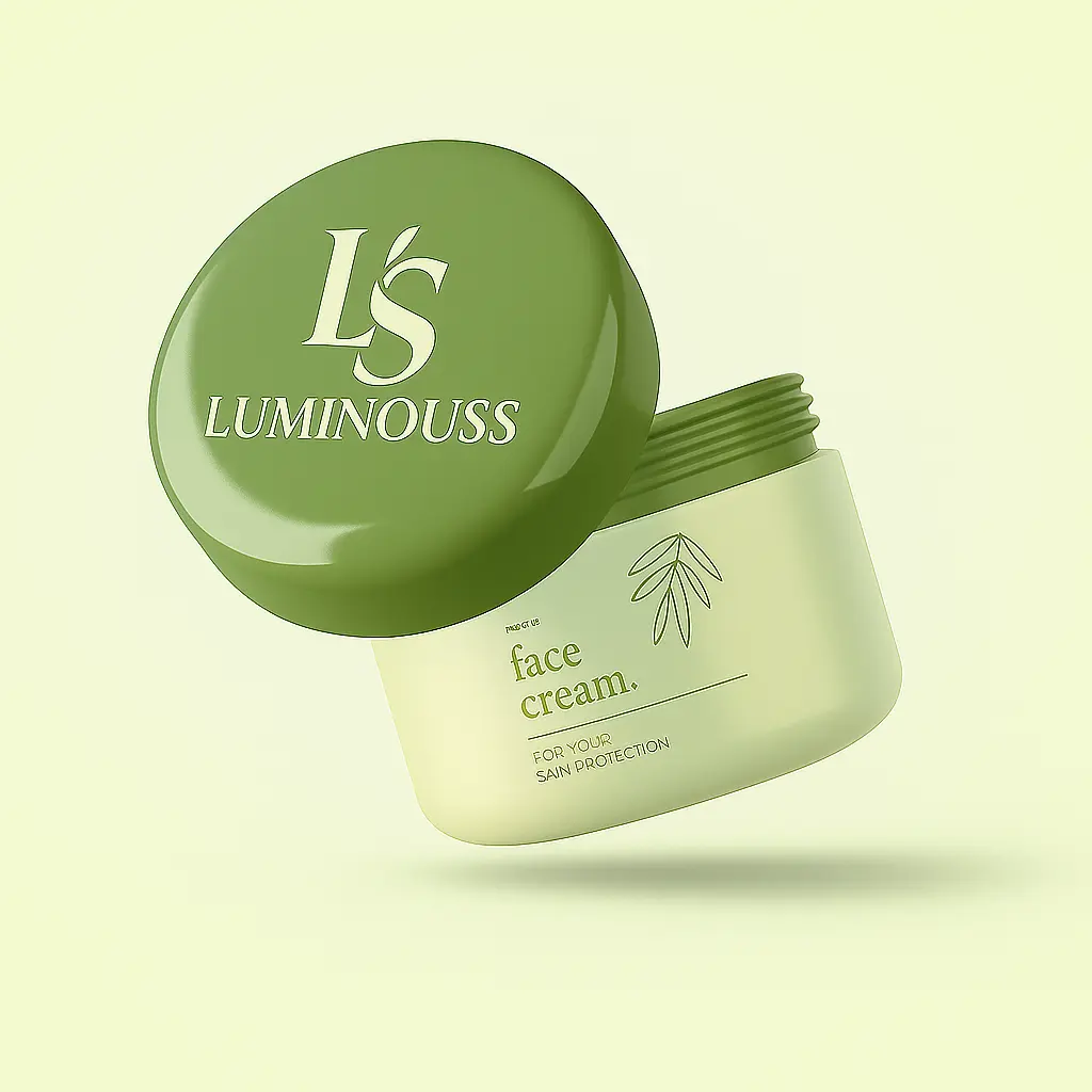 Luminouss face cream jar with floating green lid and leaf design for skin protection