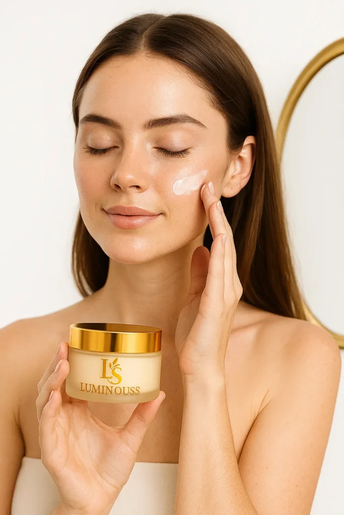 Woman applying Luminouss face cream on her cheek, holding the golden jar of moisturizer