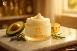 Luxury Luminous Avocado Night Cream jar on marble vanity with golden lid and natural ingredients